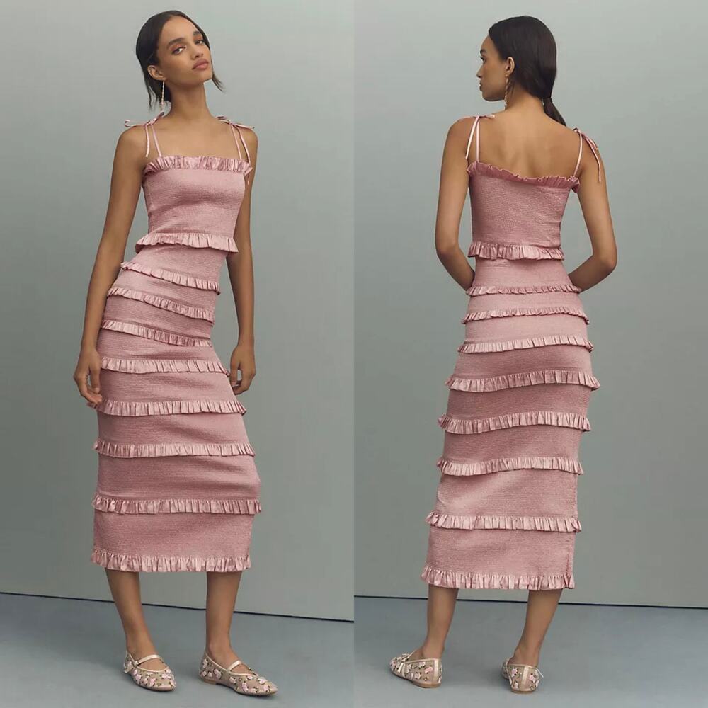 V. Chapman Lily Ruched & Ruffled Stretch Satin Midi Dress in Dusty Rose Size 6